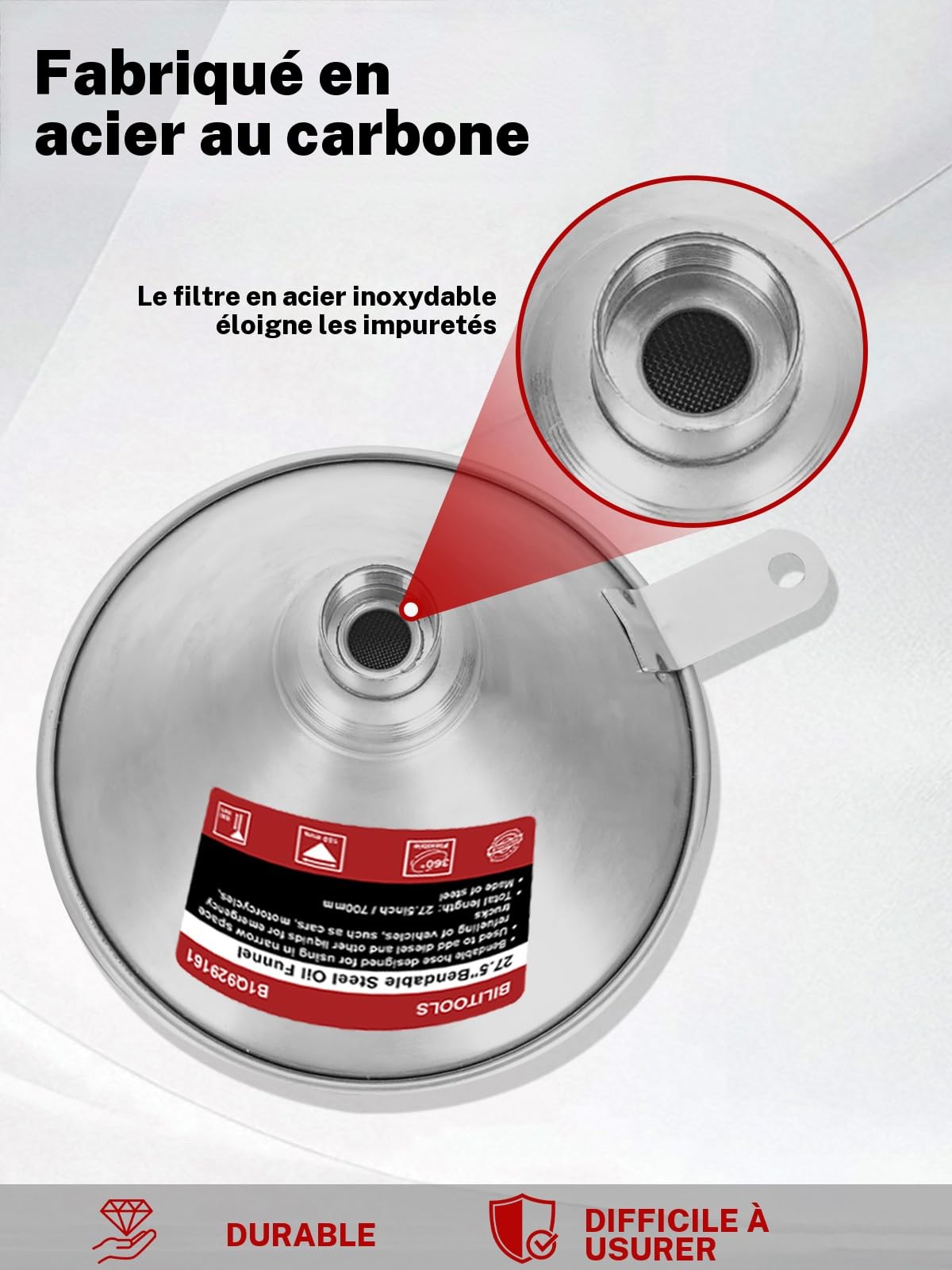 BILITOOLS Entonnoir Huile Voiture avec Tuyau Flexible 665 mm | métal avec filtre, pour huile moteur, essence, diesel, vidange et boîte de vitesse
