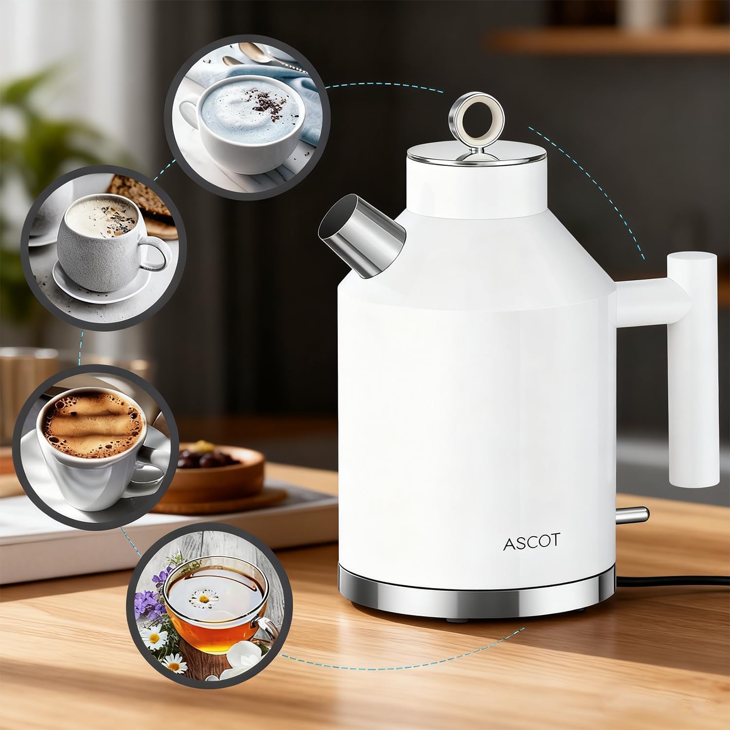 ASCOT Electric Kettle, Plastic-Free Stainless Steel Tea Kettle 1.5L 1500W Retro Tea Heater & Boiling Water, Auto Shut-Off and Boil-Dry Protection (White)