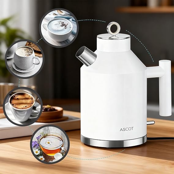 ASCOT Electric Kettle, 1.5L Stainless Steel Interior, Plastic-Free, 2200W Fast Boil, Retro Design, Auto Shut-Off & Boil-Dry Protection - White