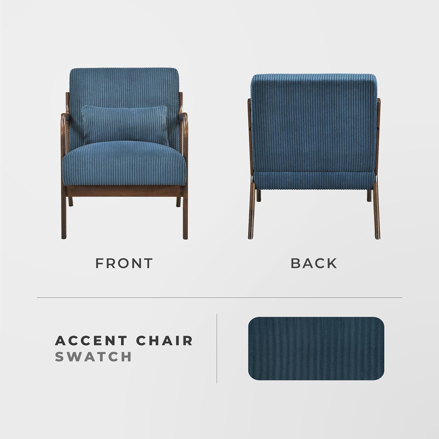 Lexicon Mid Century Modern Accent Chair-with Solid Wood Armrests and Legs, 1 Lumbar Pillow, Cushioned Seat and Backrest, Corduroy Comfy Lounge Arm Chair for Living Room, Bedroom, Office, Blue