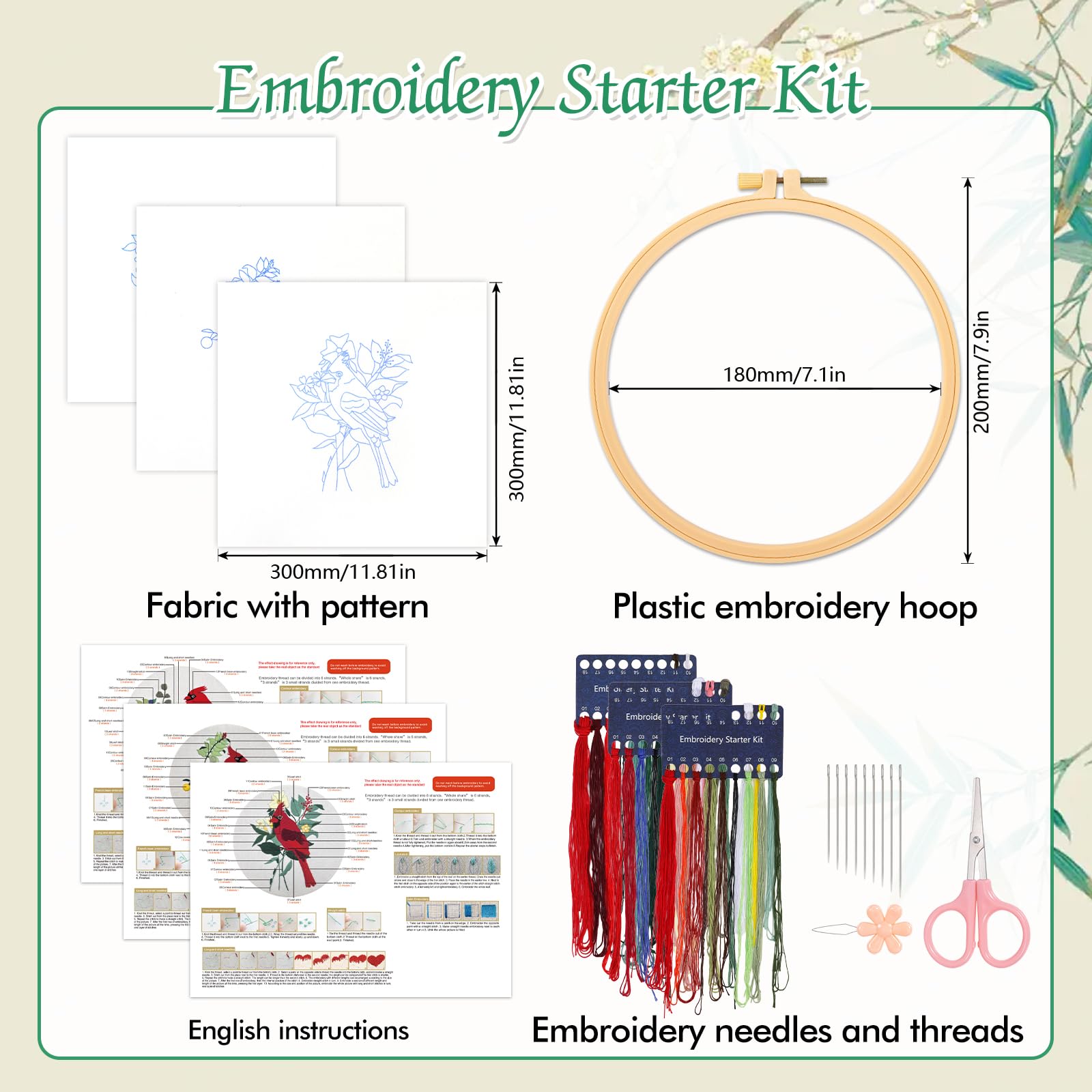 Kit Broderie Débutant – 3 Motifs Imprimés, Cerceau, Fils Et Aiguilles Inclus, Pour Adulte Et Enfant