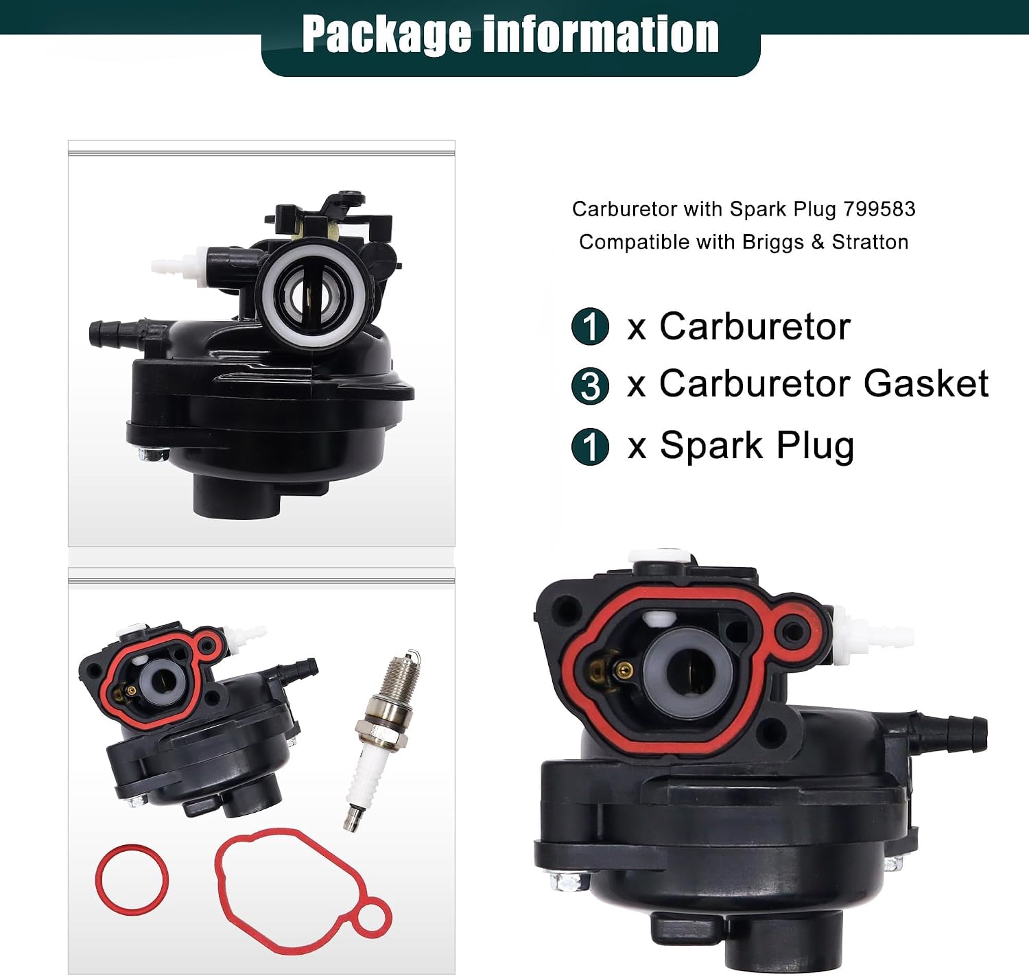 799583 Carburetor with Spark Plug Compatible with Briggs & Stratton 300E 450E 500E 550E 575E 600E 125CC 140CC 08P502 8P502 09P602 9P602 Replace 593261 590556 591160 591979 595656
