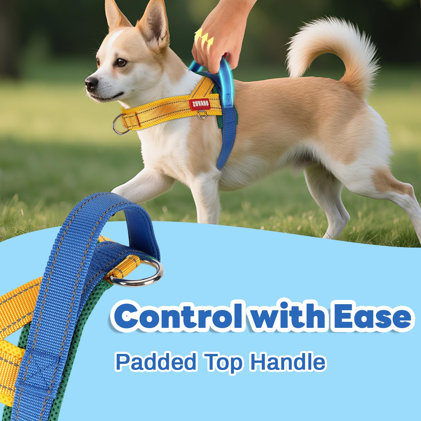 Yellow Soft Dog Harness Medium Sized Dog, Freedom No-Pull Escape Proof Front Clip Dog Harness – Adjustable Reflective Padded Vest with Handle & Quick-Release Buckle, Yellow/Blue, M - image 3