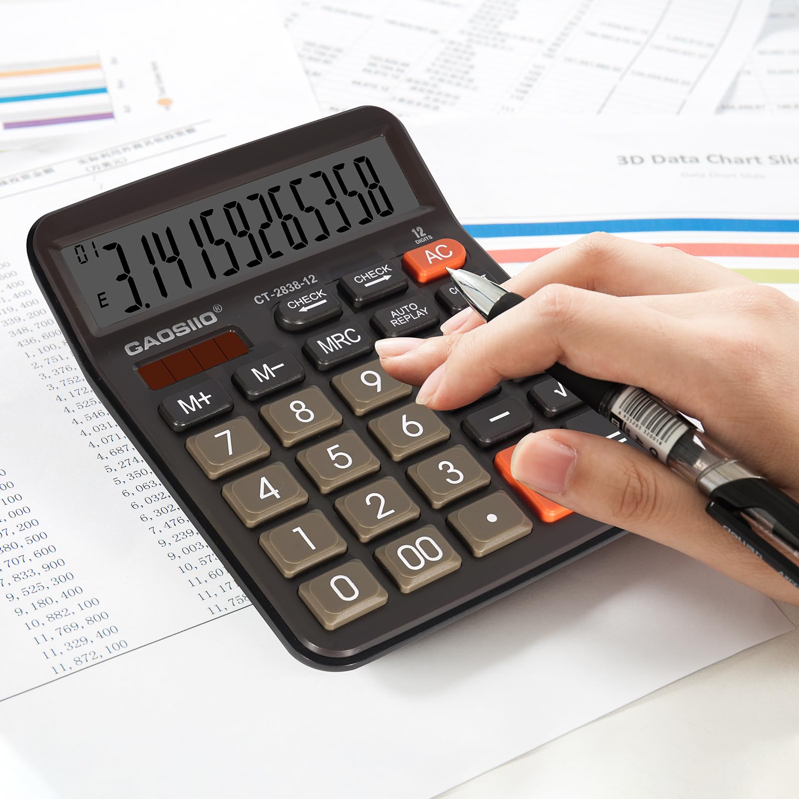 Calculadora de escritorio extra grande de 5 pulgadas, pantalla LCD de 12 dígitos, energía solar y batería, botón grande, función estándar para negocios, oficina, escuela (negro)