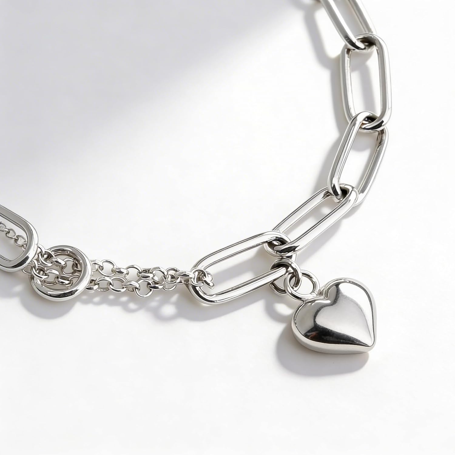 925 Sterling Silver Paperclip Bracelet for Women – Heart Charm Bracelet with Mixed Chain Design, Lobster Clasp, 7” 8” 9” Sizes – Gift Box Included