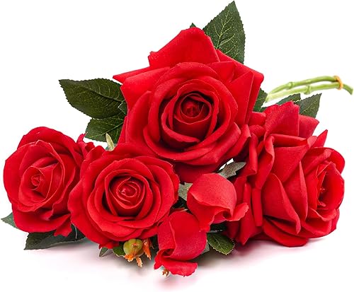 VaryFloral Rosas falsas súper realistas con tallos largos, rosas rojas de seda al tacto real, flores artificiales para decoración del hogar, centro