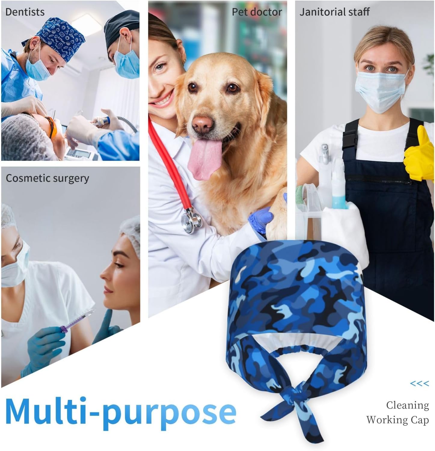 Cleaning Working Cap Blue Camouflage Pattern Prints Chef Hat for Women & Men, Adjustable, Breathable