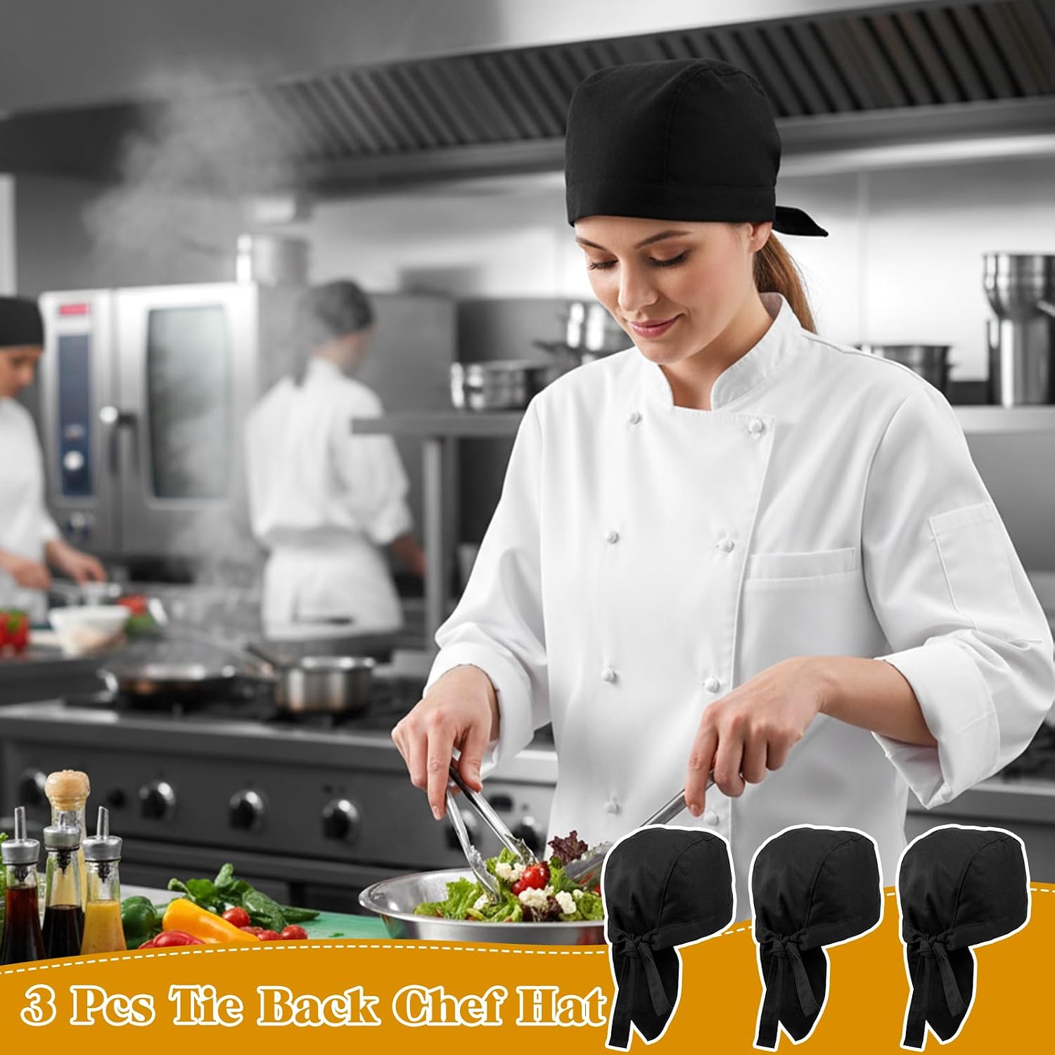 3 PCS Chef Hat Tie Back, Black Adjustable Chef Cap Bandana Skull Cap Chefs Hat with Ties for Men Women Breathable Cooking Kitchen Hats for Kitchen Cooking Service and Other Work
