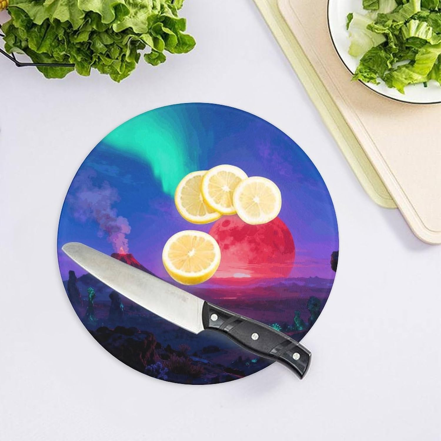 Sunset Glow Chopping Block Tempered Glass Cutting Board Mats Round Countertop Cutting Boards Sturdy Charcuterie Boards for Bar Cheese Board Snack Tray