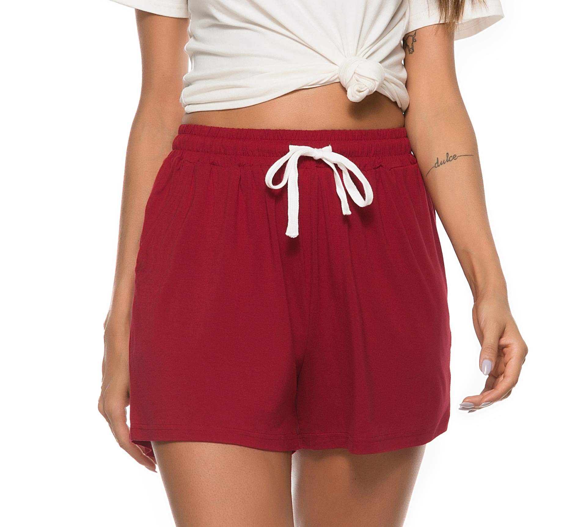 Vlazom Damen Schlafanzughose Baumwolle Pyjamahose Nachtwäsche Kurz Freizeit Hose mit Taschen und Kordelzug