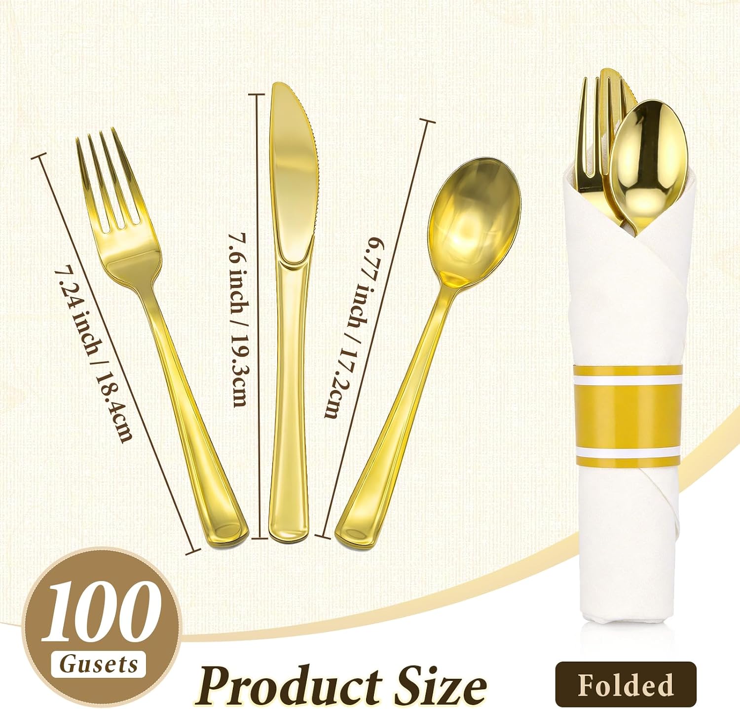 Gold Plastic Silverware 100 Guests Wrapped Cutlery Set | Disposable Pre Rolled Silverware Set Include 100 Forks,100 Knives,100 Spoons and 100 Napkins Heavy Duty Utensils for Party