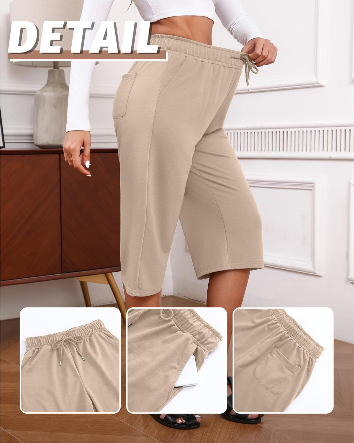 Neer 3 Pack Women's Capri Pants, Drawstring Wide Leg Crop Lounge Sweatpants Summer Yoga Casual Cropped Pants with Pocket - Image 6