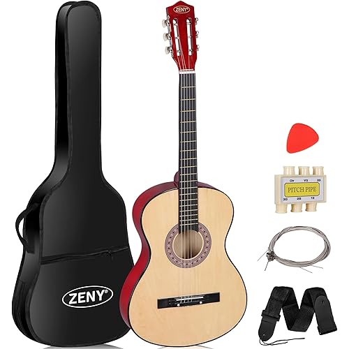 ZENY 38" New Beginners Acoustic Guitar With Guitar Case, Strap, Tuner and Pick (Natural)