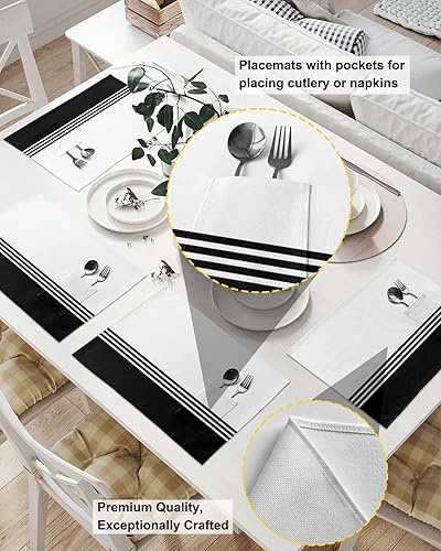 Miniatura 8 de Juego de 4 manteles individuales de mesa de gallo para mesa de comedor, manteles individuales de algodón y lino con bolsillo, lavable de arpillera