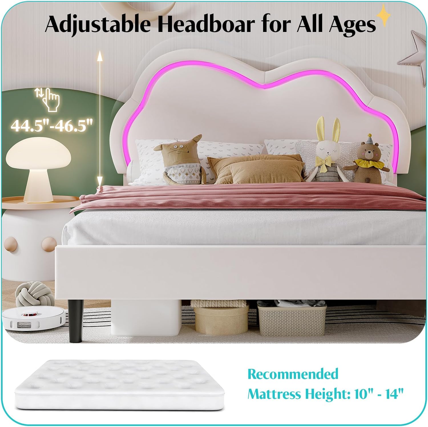 AMERLIFE Queen Size Upholstered LED Bed Frame, Princess Cloud Platform Bed for Kids/Girls with Adjustable Velvet Headboard, Wood Slats Support, No Box Spring Needed, Noise-Free, Cream | Cloud Shape Design, Velvet Upholstery, Height Adjustable, 7.1" Under Clearance, Sturdy Metal Frame