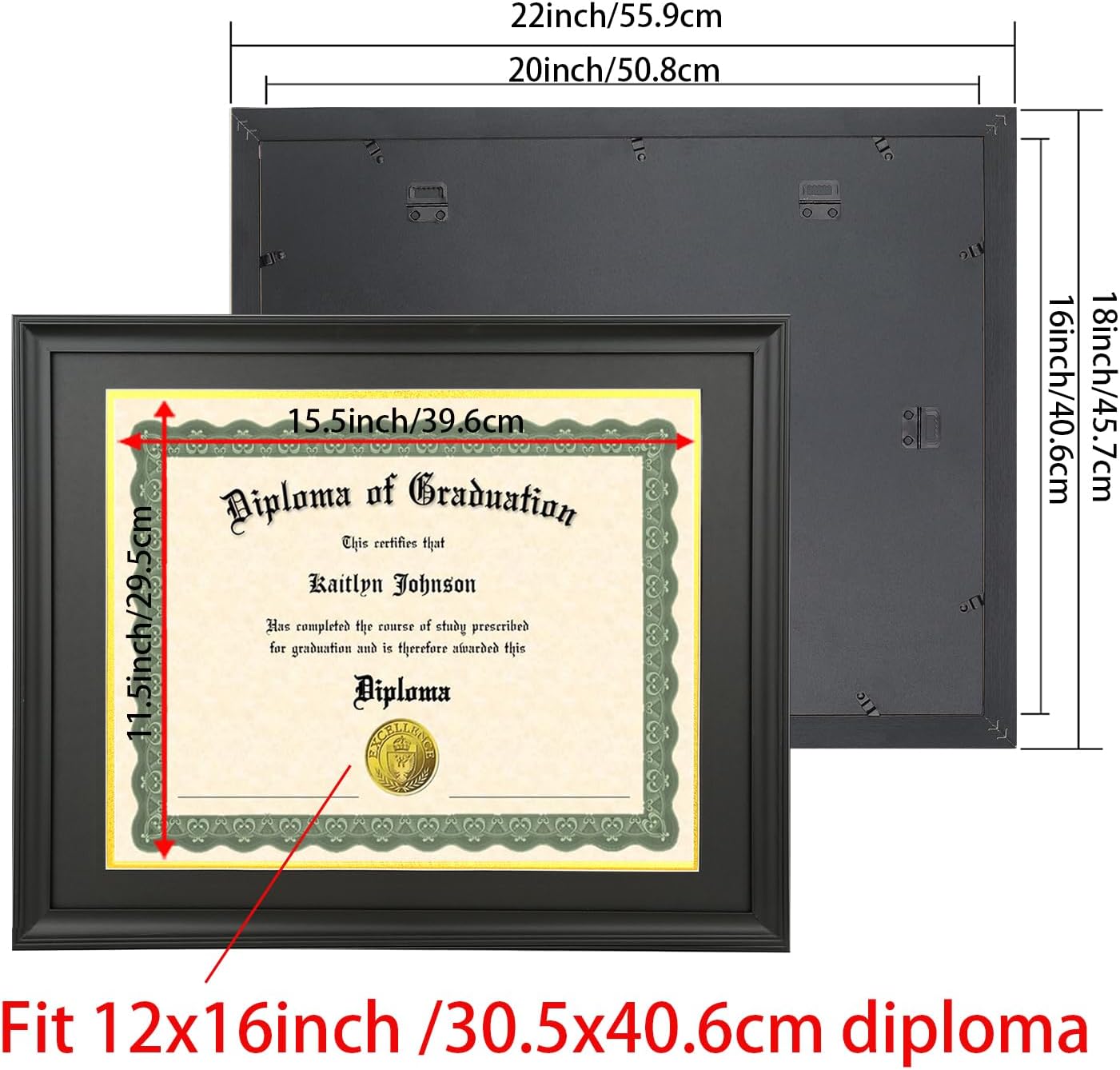 LTYHHK 12x16 Diploma Frame Solid Wood Black, Displays 12x16 Diplomas with Black Over Gold Mat or 16x20 Inch Without Mat, Suitable for Degree, Certificate (L23B1620BG1216)