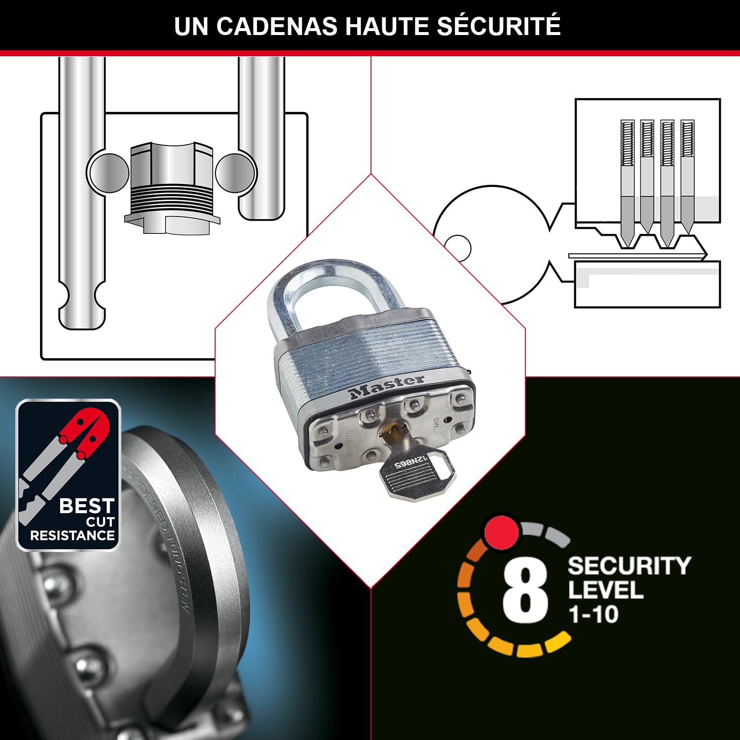 MASTER LOCK Cadenas Haute Sécurité [A Clé] [Acier Laminé] [Extérieur] [Pack de 3] M1EURTRI - Idéal pour les remises, les garages, les clôtures et les portails