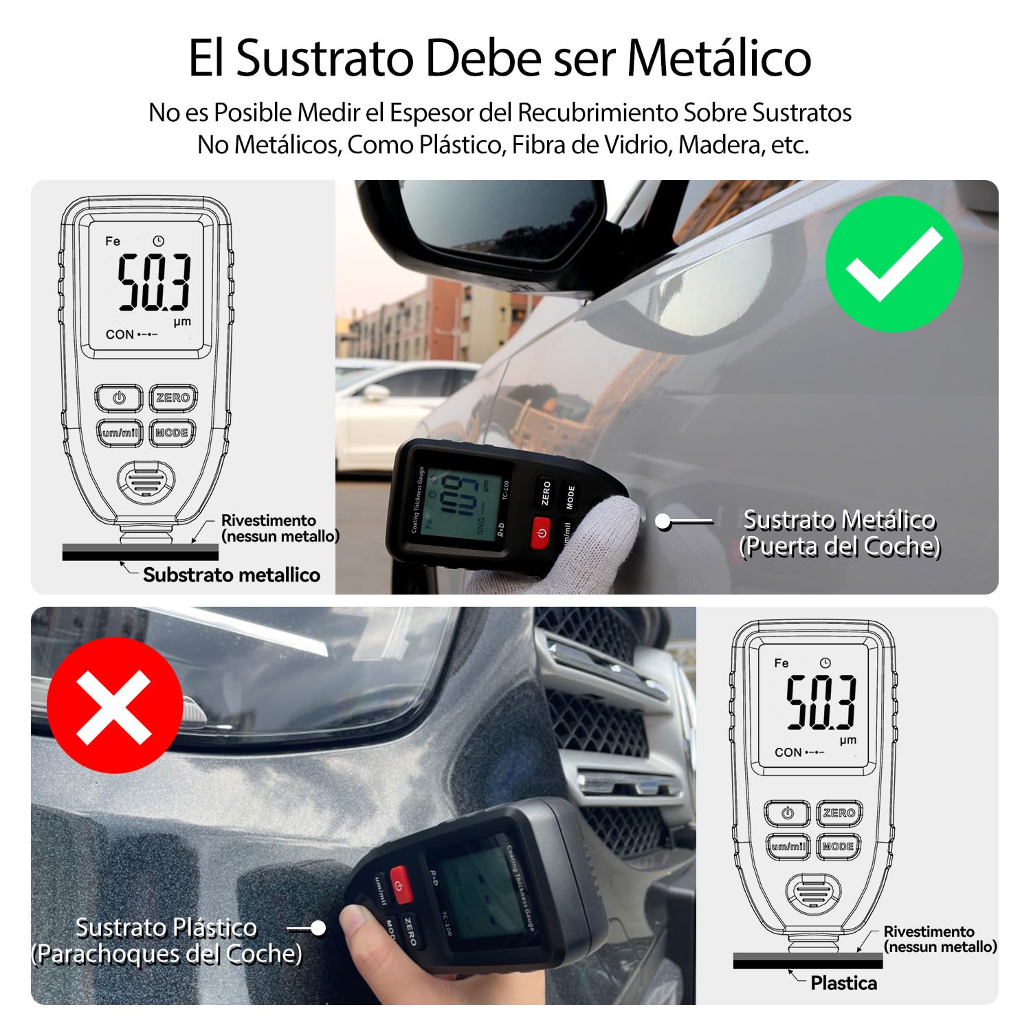 RDINSCOS Medidor de Espesor 0-1300 µm,Medidor de Espesor de Recubrimiento de Pintura con Sondas Fe y NFe Apto para Automóviles con Carrocerías de Acero y Aluminio