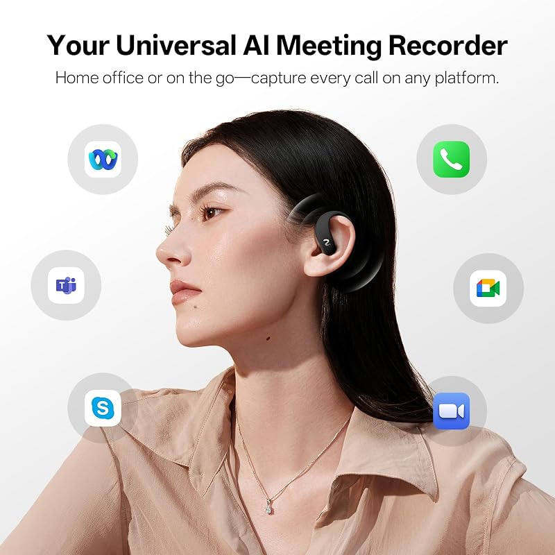 OpenNote Professional AI Note Taker Earbuds, MFi Certified Open-Ear Voice Recorder, 53H Battery, Instant Call & Meeting Recording, Live Transcription & AI Summary, IP55, Black image 2