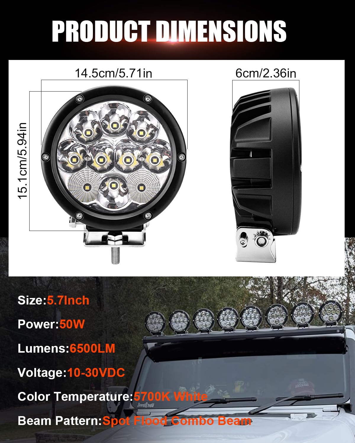 Chelhead Reflektor roboczy LED okrągły 50 W, 5,7 cala, 6500 lm, reflektor punktowy i floodowy, wodoodporny IP68, zestaw okablowania 1 mm², kompatybilny z 10-30 V DC quad SSV SUV pickup (biały)
