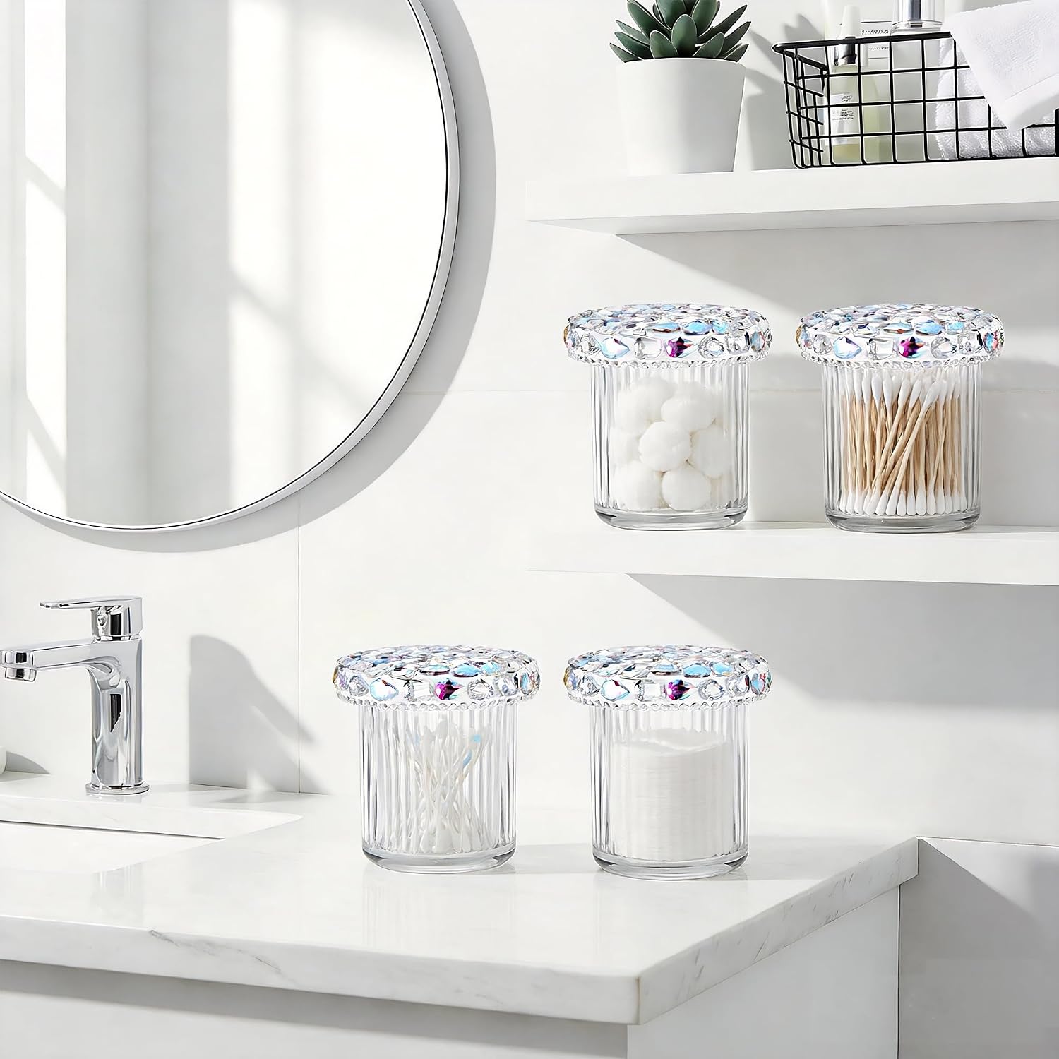 SlowVibes 2 Pack Glass Qtip Holder Dispenser with Rhinestone Bling Tops, Decorative Bathroom Essentials Accessories Canisters, Vanity Makeup Storage Organizer,Thick Ribbed Vanity Apothecary Jars Set