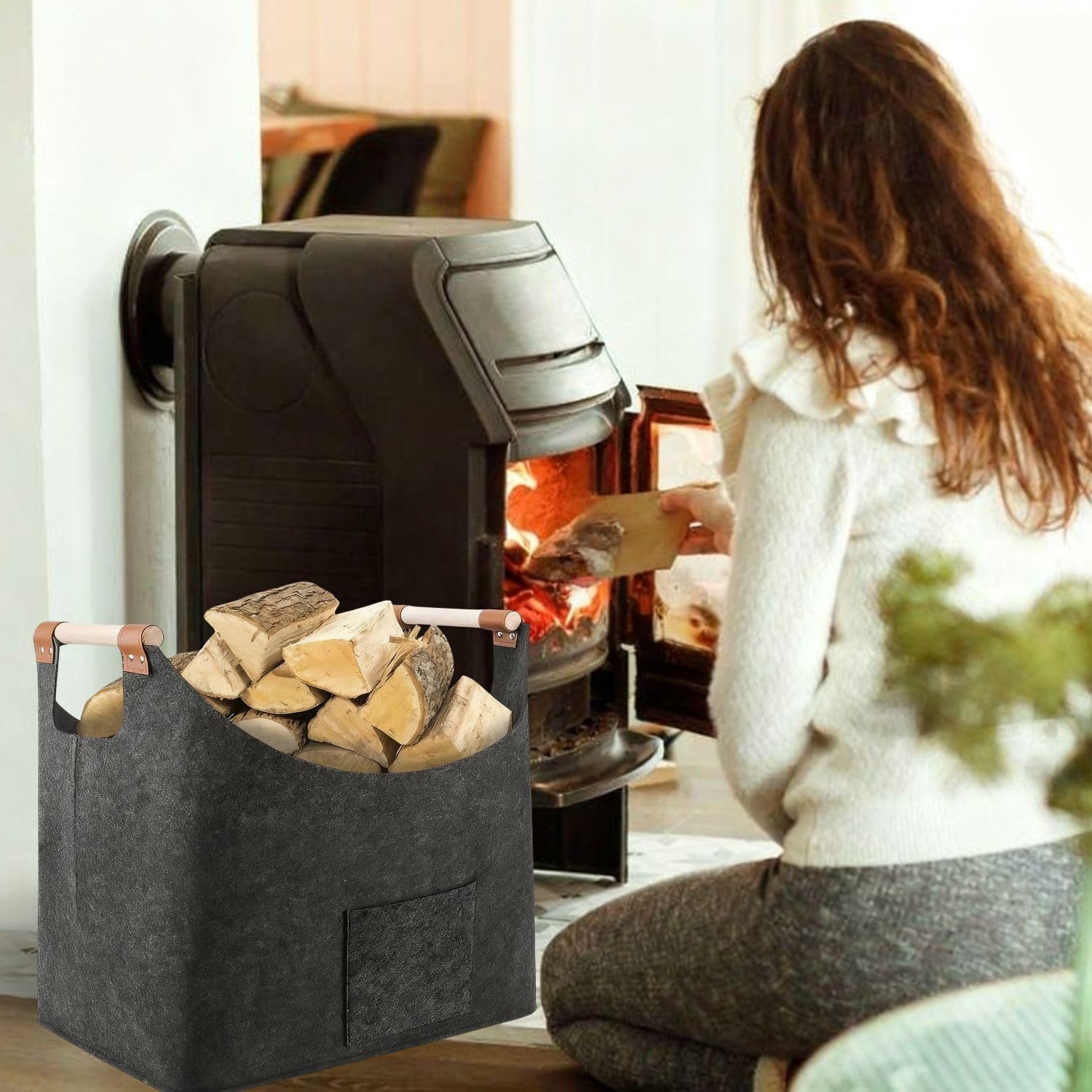 Panier à Bois en Feutre Pliable Gris Foncé avec Poche, Grand pour Intérieur Journaux et Jouets