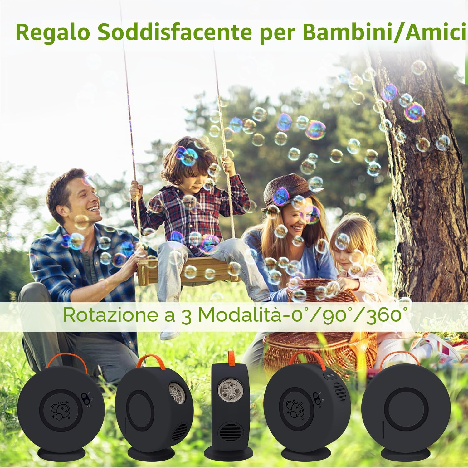 Macchina per Bolle Automatica con Rotazione 90° e 360°, 4000 Bolle al Minuto, per Bambini Unisex 3 Anni in Su, Compleanno e Matrimonio (Nero)