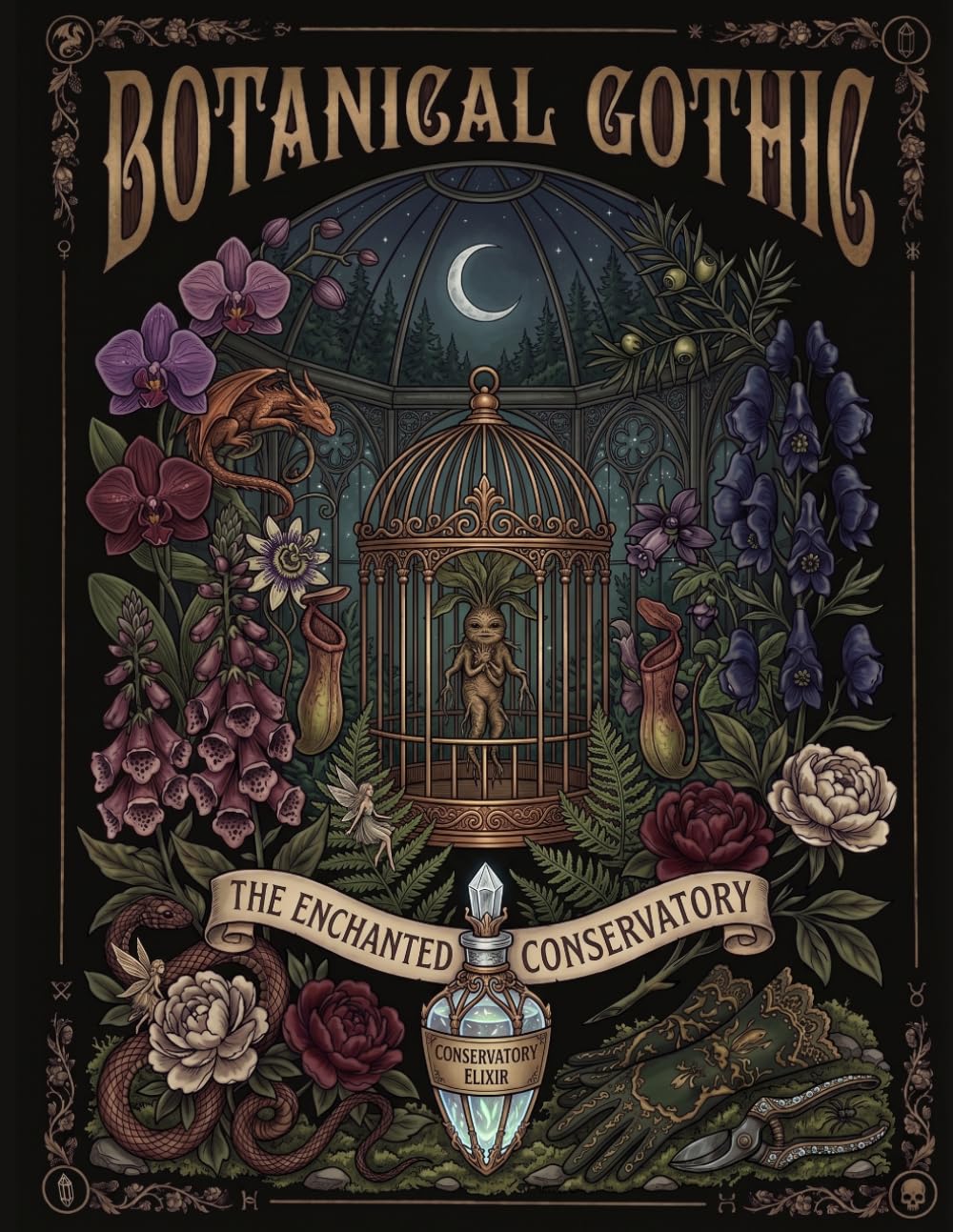 Botanical Gothic: The Enchanted Conservatory: A Victorian Coloring Book of Magical Flora & Mythical Familiars. Midnight Edition for Adults and Teens. ... with Intricate Grayscale Illustrations