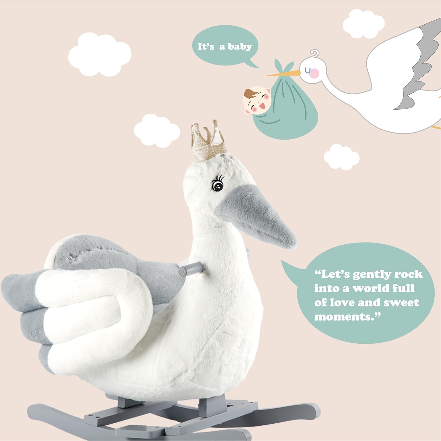 Rocking Horse, Gray Stork Animal Rocker for Toddlers 1-3, Plush Rocking Horse with Seat, Wooden Rocking Horse Boys and Girls Gift, (Gray Stork Bird), CPC Certified - Image 6
