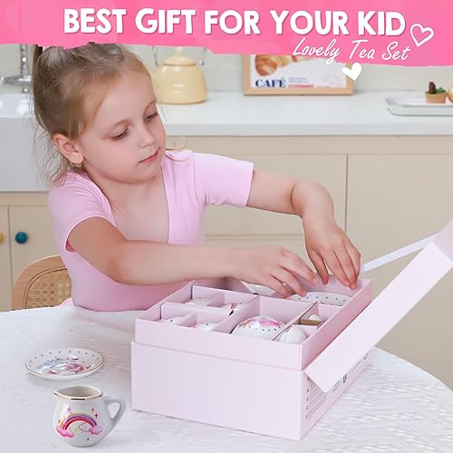 Miniatura 8 de Tacobear Juego de té de porcelana para niñas, juguetes de unicornio, 13 piezas de té con tetera, taza y platillo y maleta, juego de cocina para