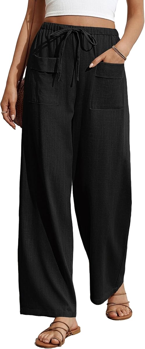 Bsubseach Wide Leg Pants Woman Cotton Linen Palazzo Pants for Women Flowy Beach Summer Casual Trousers with Pockets Black L at Amazon Women’s Clothing store