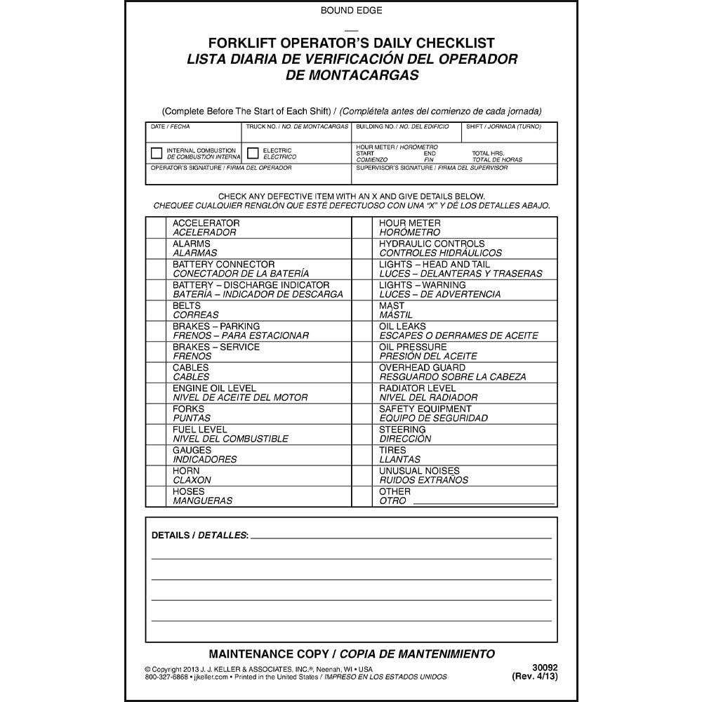 Buy Forklift Operator Daily Checklist 25 pk Bilingual Book Format 