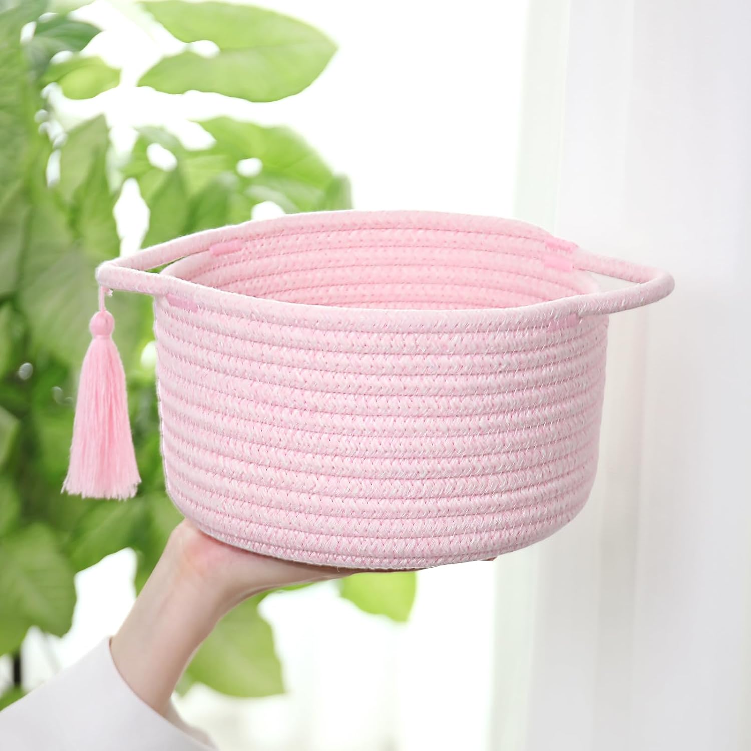 Small Cute Pink Gift Basket Empty to Fill — Mini Wicker Woven Cotton Rope Organizer 8"×4.7", Pastel Decorative Makeup Holder for Girls & Women, Bathroom, valentines/Desk Bin, Shower Gift by SweetMemo - Image 3