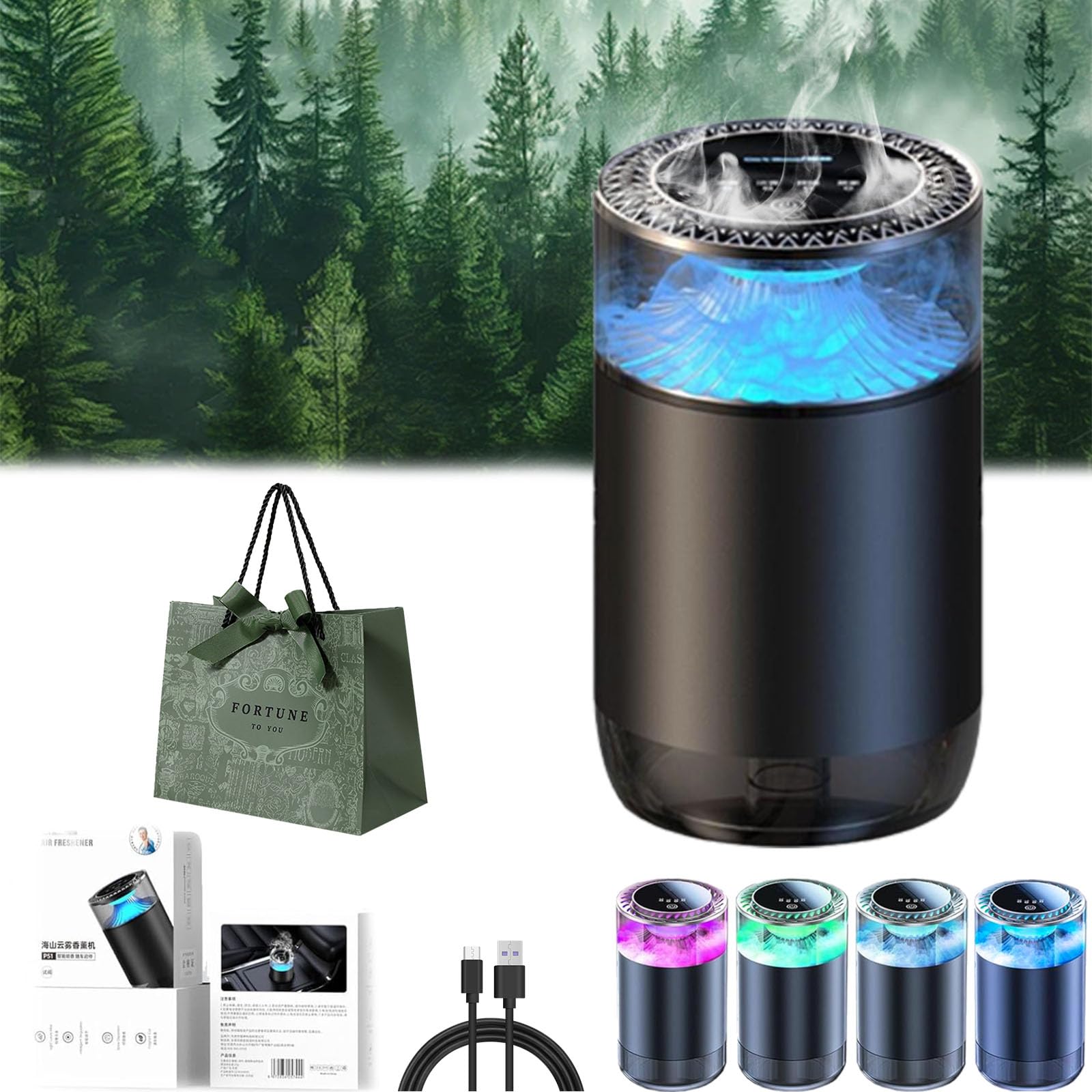Dyfuzor do aromaterapii w sprayu, długotrwały dyfuzor odświeżacza powietrza, automatyczne włączanie/wyłączanie, inteligentny dyfuzor do samochodu, z 4 regulowanymi światłami, 3 poziomami mgły, do