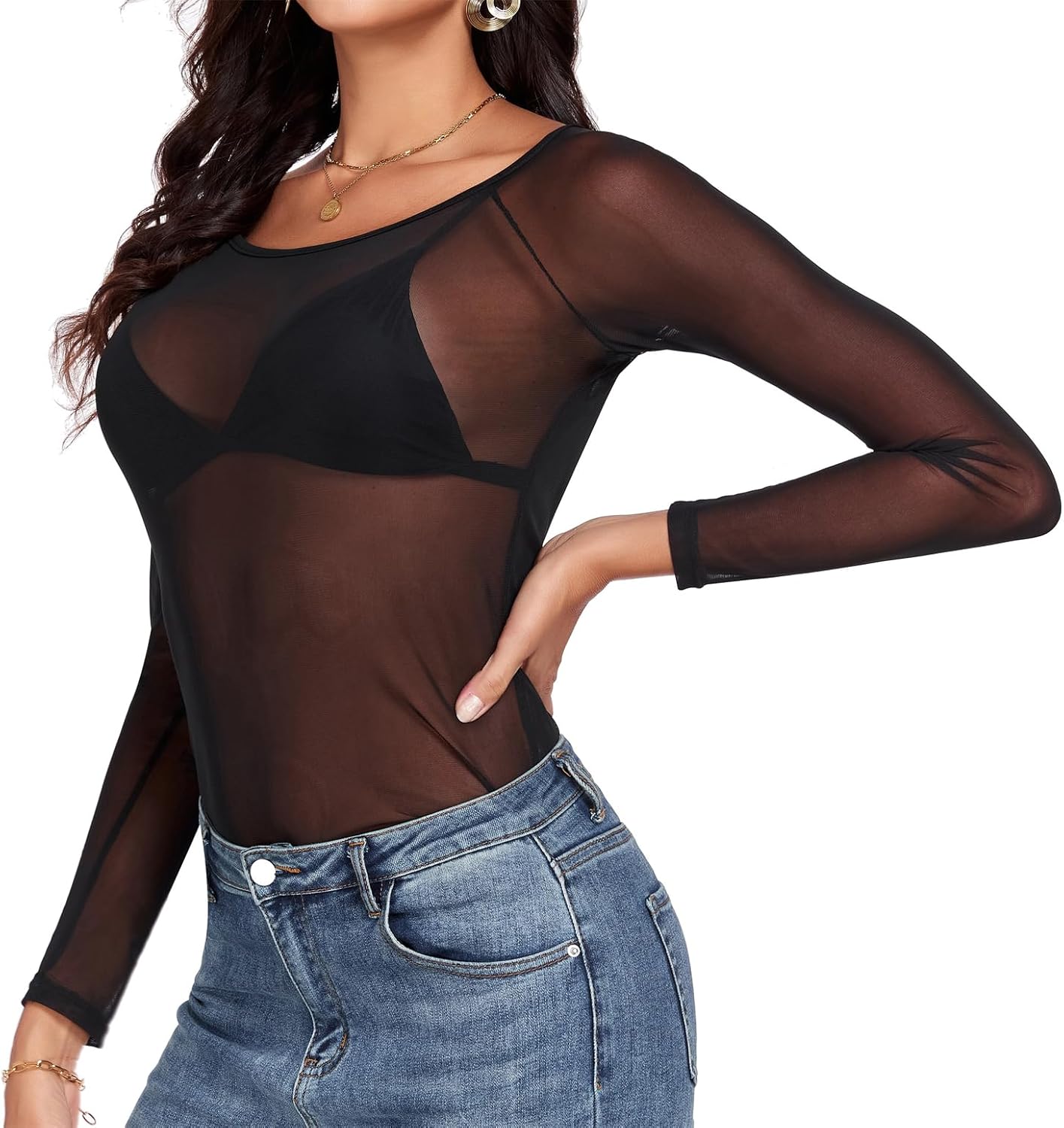 Women Mesh Tops Sheer Shirt Long Sleeves T-Shirt Clubwear Party Sexy Tees - Image 2