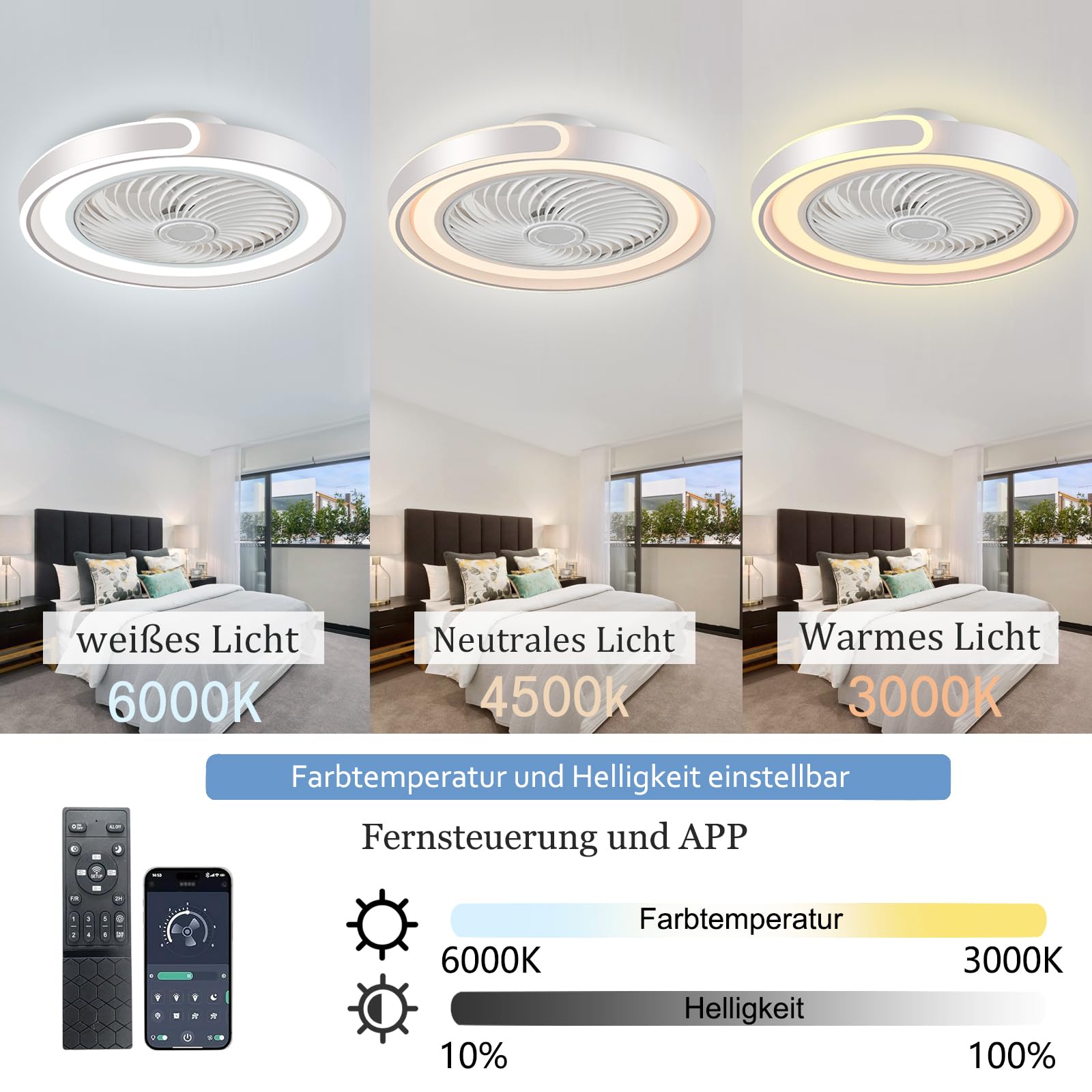 LED Deckenventilator mit Beleuchtung, Leiser DC-Motor, 70W Dimmbar, Fernbedienung & App, 6-Gang, Timer, Sommer/Winterbetrieb, 50cm Weiß