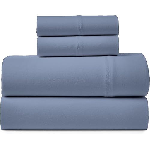 Road Trip America Blue Jersey Sheet Set, 100% Organic Cotton T-Shirt Soft Knit 4 Pieces Bedding – Deep Pockets - Certified by GOTS and Oeko-TEX (Captain's Blue, Queen)