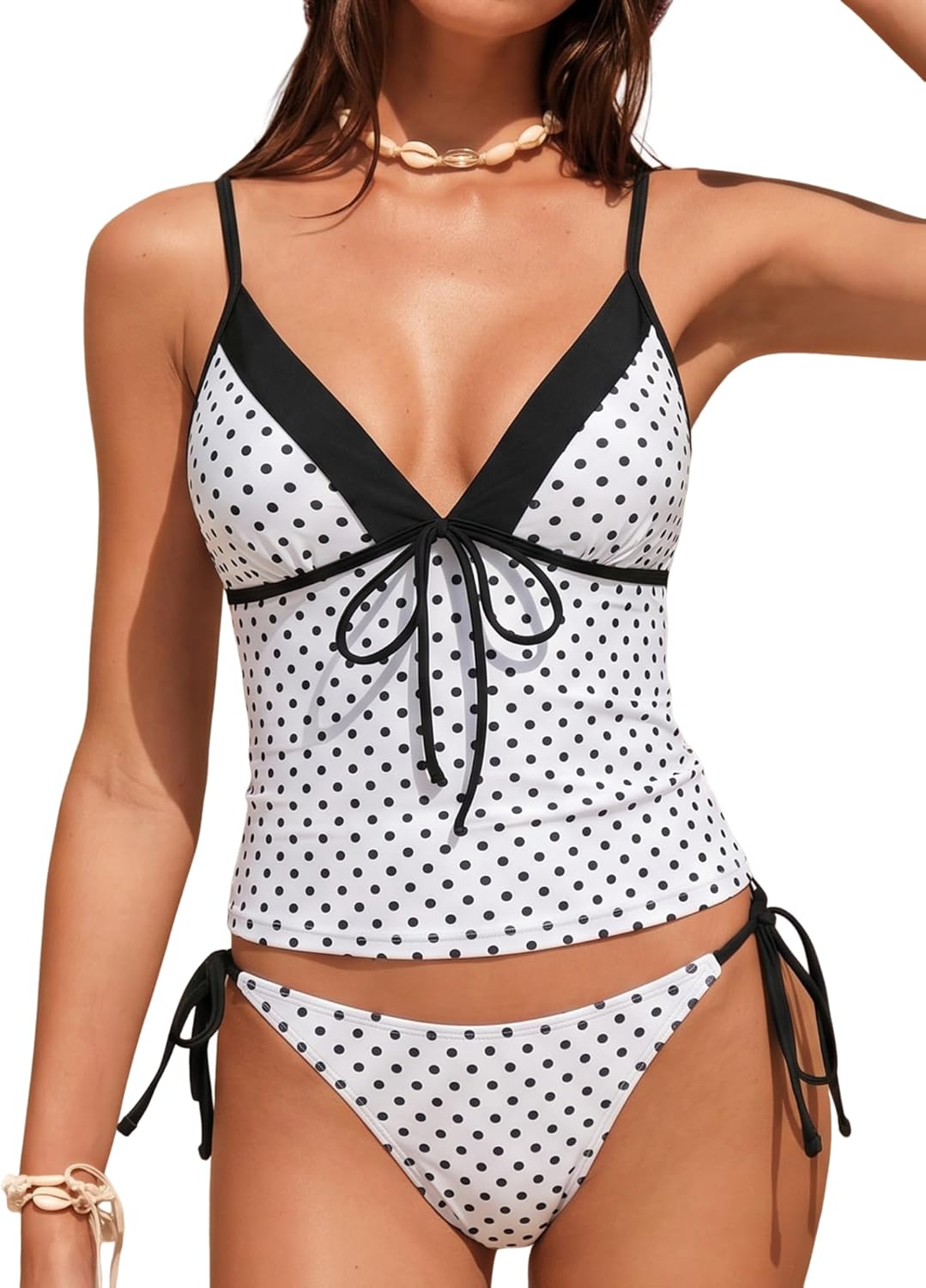 ZAFUL Women Two Piece Tankini Set Low Waisted Tie Side Tankini Swimsuit Cute V Neck Modest Swimwear Cute Summer Bathing Suit