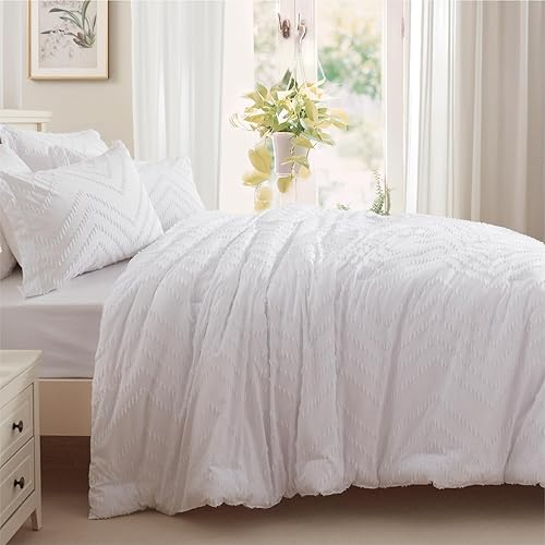 Miniatura 3 de Anluoer Juego de Edredón Queen, Juego de Cama Blanco con Mechones en una Bolsa de 7 Piezas con Edredón, Fundas de Almohada Decorativas y Sábanas,