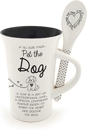 Enesco Children of The Inner Light Pet The Dog - Juego de taza de café y cuchara, 12 onzas, color blanco y negro