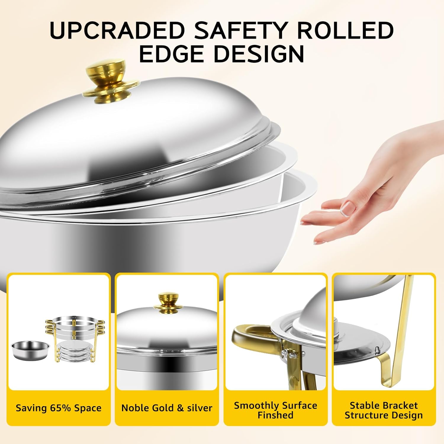 Chafing Dish Full Set, Round 6QT Stainless Steel Catering Chafer, Buffet Food Warmers for Parties Events Weddings, Gold, 4 Pack