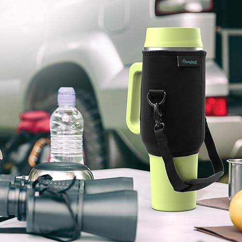 Miniatura 6 de RANGLAND Vaso de 40 oz con asa y funda de transporte, aislamiento de doble pared, tapa de popote a prueba de fugas, neopreno con correa acolchada