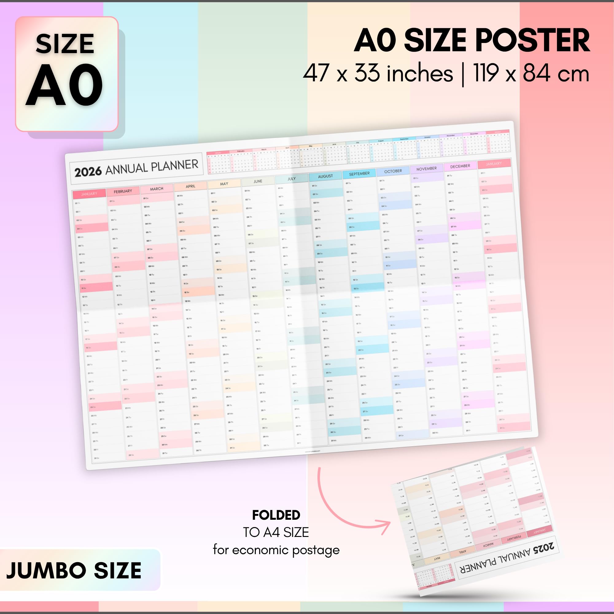 2026 Planificador Mensual Gigante de Pared, A0 119 cm x 84 cm | IMPRESIÓN GIGANTE DOBLE LADO, Calendario de Pared Arcoíris 2026, Planificador Anual, Vista Completa del Año | Organizador para Oficina
