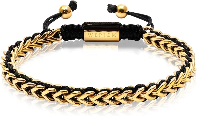 18K Gold-Plated Bracelets for Men Franco Link Chain Adjustable | Stainless Steel Bracelet, Gold Beads Bracelet, Handcrafted Braided, Mens Jewelry Birthday Gift for Men