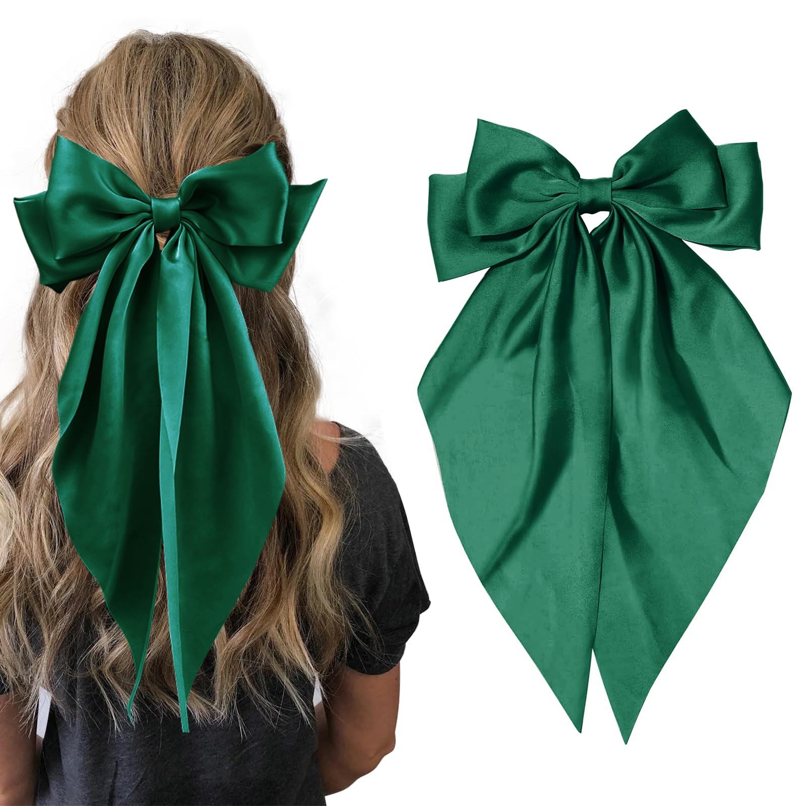 Hair Bows for Women Girls,Green Silky Satin Hair Barrettes with Long Ribbon Tail Big French Cute Hair Bows Clip Hair Accessories for Party Women Girl