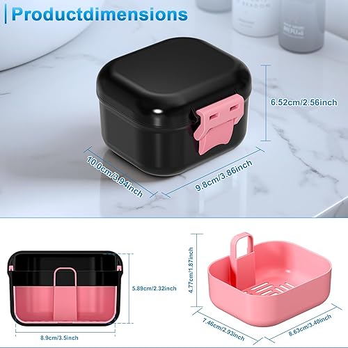 Miniatura 2 de Estuche de dentadura a prueba de fugas, estuche limpiador portátil con colador, caja de limpieza de bloqueo seguro para dentaduras postizas y