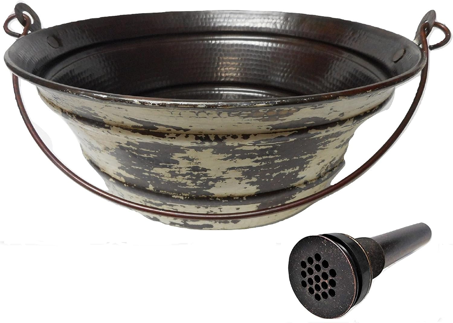 15" Round Copper Vessel BUCKET Bathroom Sink with Distressed Antique White Exterior and Grid Drain