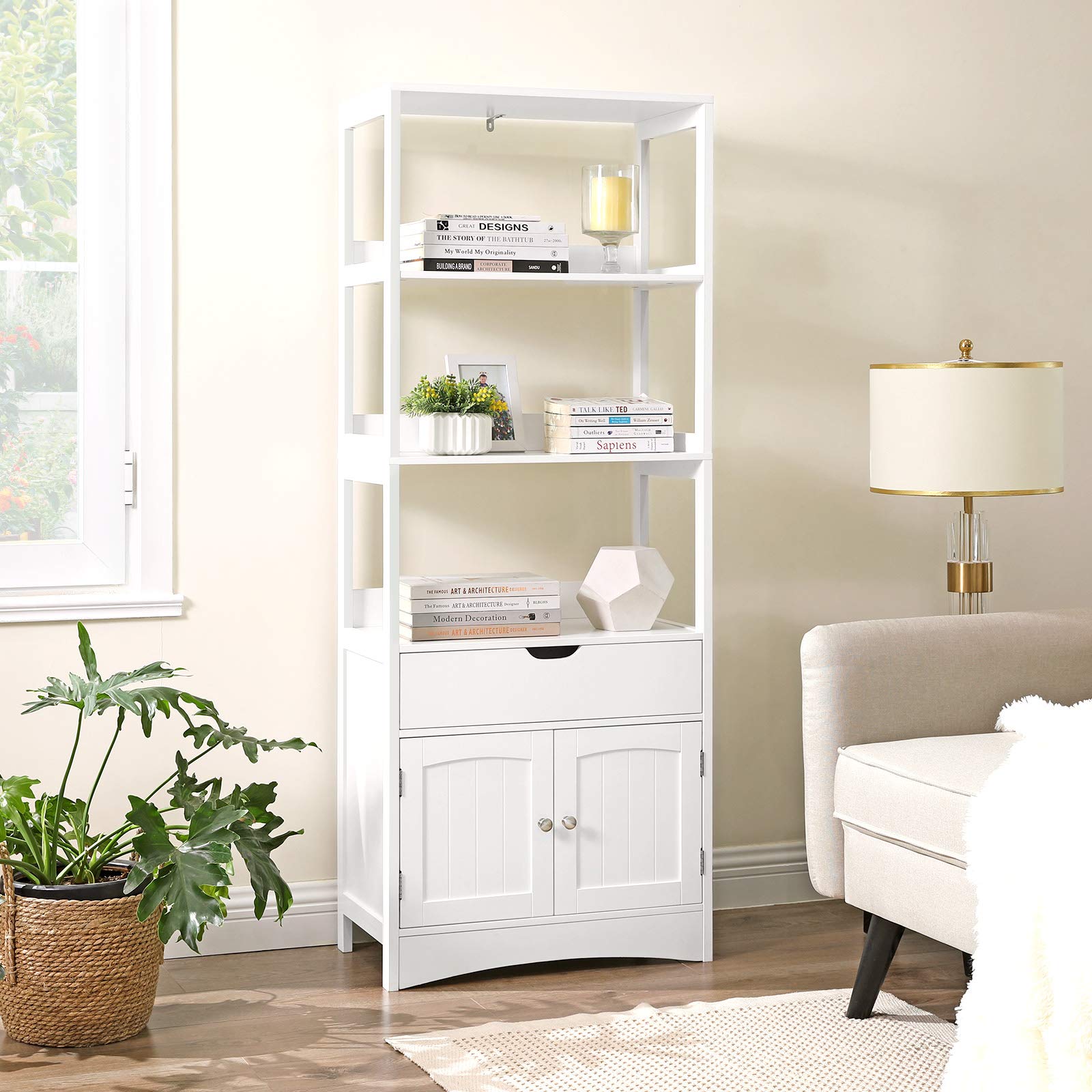VASAGLE Badkamerkast, hoge kast, boekenkast, met 3 open vakken, 1 lade en 1 kast, 32,5 x 60 x 154 cm, voor woonkamer, keuken, kantoor, wit BBC67WT
