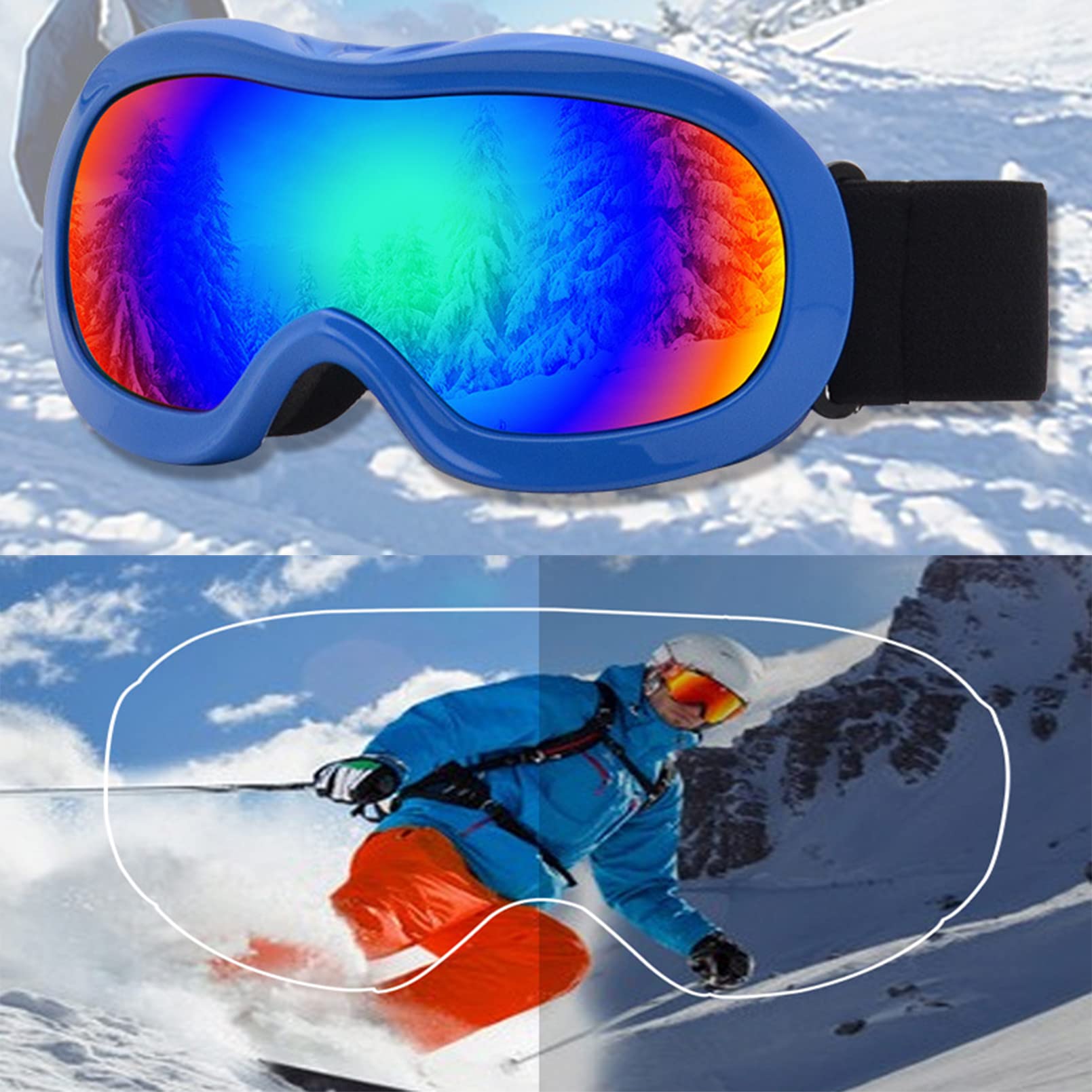 Lunettes de Ski pour Enfants de 3 à 12 Ans, Double lentille Haute définition Disponible pour la myopie, Protection 100% UV400, Coupe-Vent et antibuée, Peuvent être utilisées pour Faire du vélo,