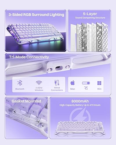 Miniatura 8 de GravaStar Teclado mecánico inalámbrico Mercury K1 Purple 75% - Teclado para juegos BT5.0/2.4GHz/USB-C, teclas de gelatina, interruptores lineales,